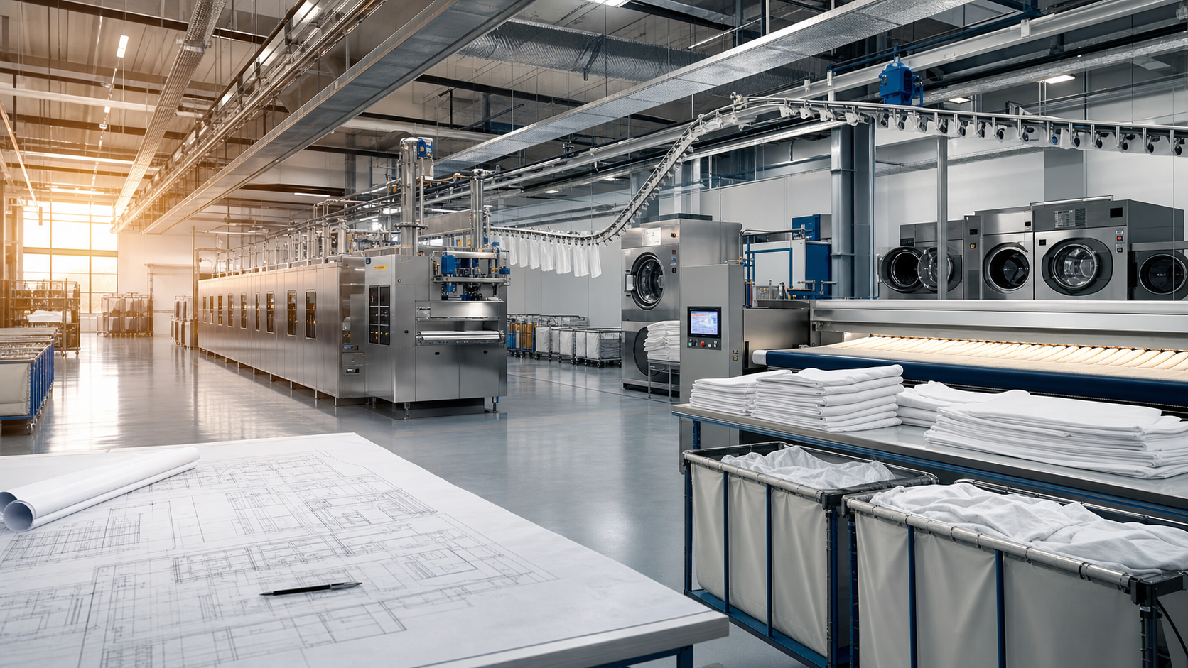 Modern industrial laundry facility with tunnel washers, conveyors, finishing lines, and organized workflow